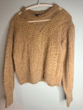 Express Camel Open-Knit Crewneck Sweater
